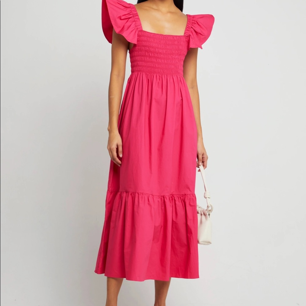 NWT XL OPT Tuscany midi dress in hot pink, statement sleeves with ruched bodice